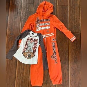 NFL brand Cleveland Browns 3-piece sweatsuit and long sleeve shirt.